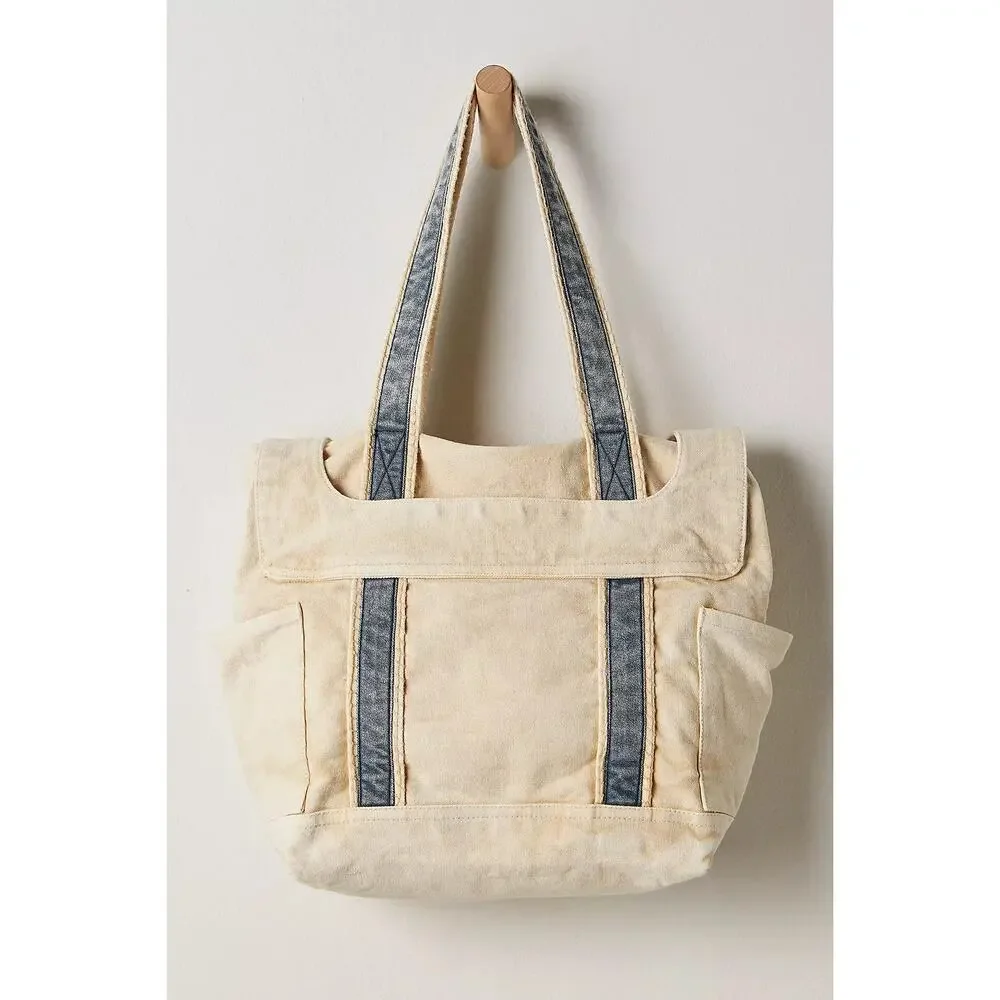 NWT Free People Cordes Canvas Tote Natural Blue Stripe Bag